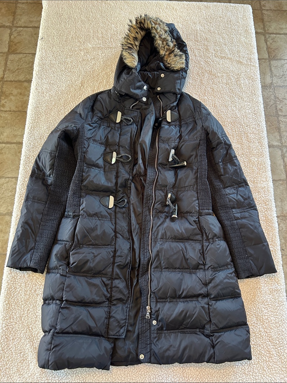 Express Black Quilted Puffer Coat with Faux Fur Hood
